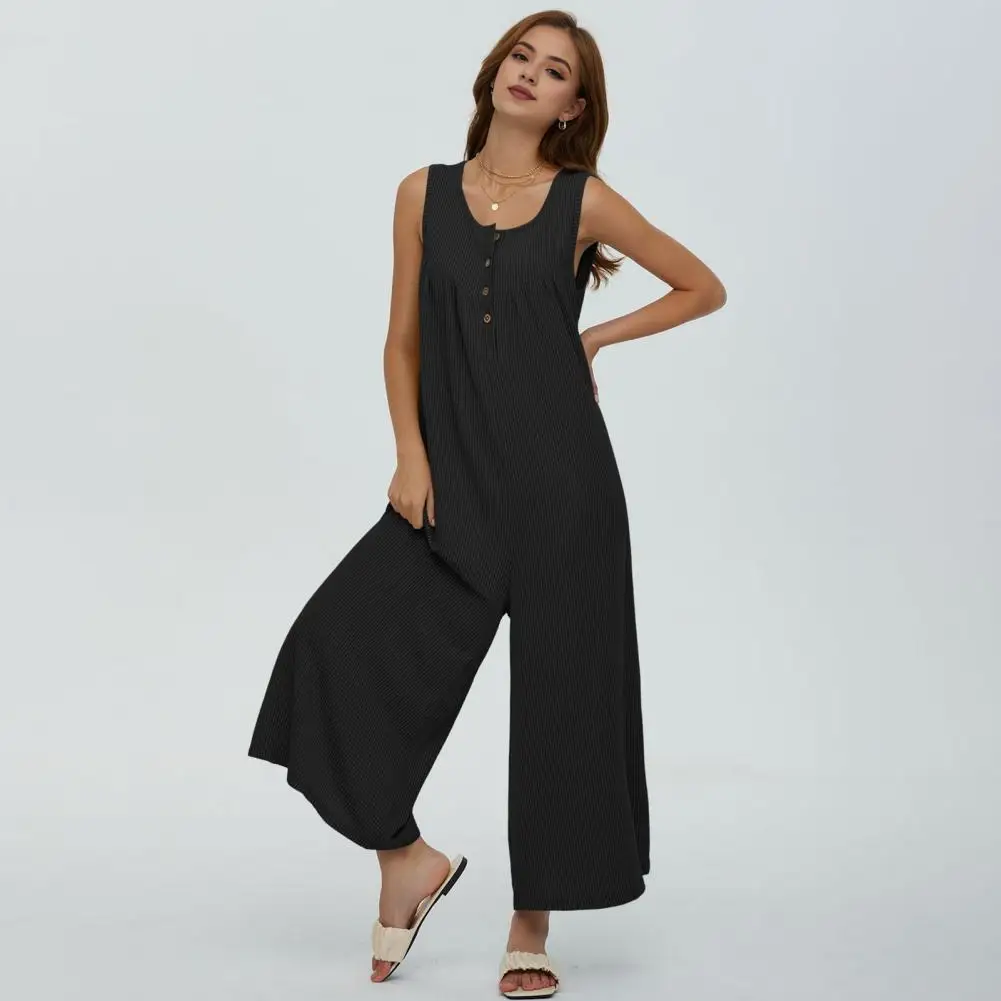 

Casual Sleeveless Jumpsuit Versatile Women's Wide Leg Jumpsuit Stylish O Neck Sleeveless Design with Side for Casual for A