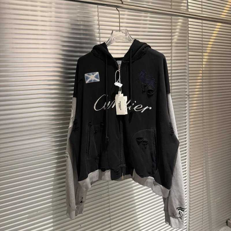 

Protocol Jackets Damaging Patchwork Embroidery Washed Hoodies Women's Men's Cardigans Jacket Sweatshirts