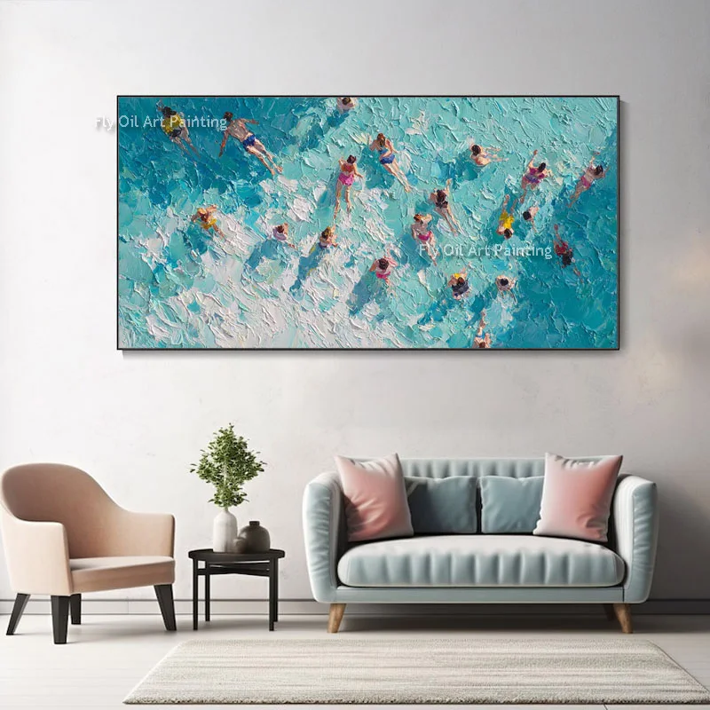 Hand Painted Swimmers Seascape Oil Painting, Thick Palette Knife Textured Canvas Wall Art, Summer Ocean Modern Living Room Decor