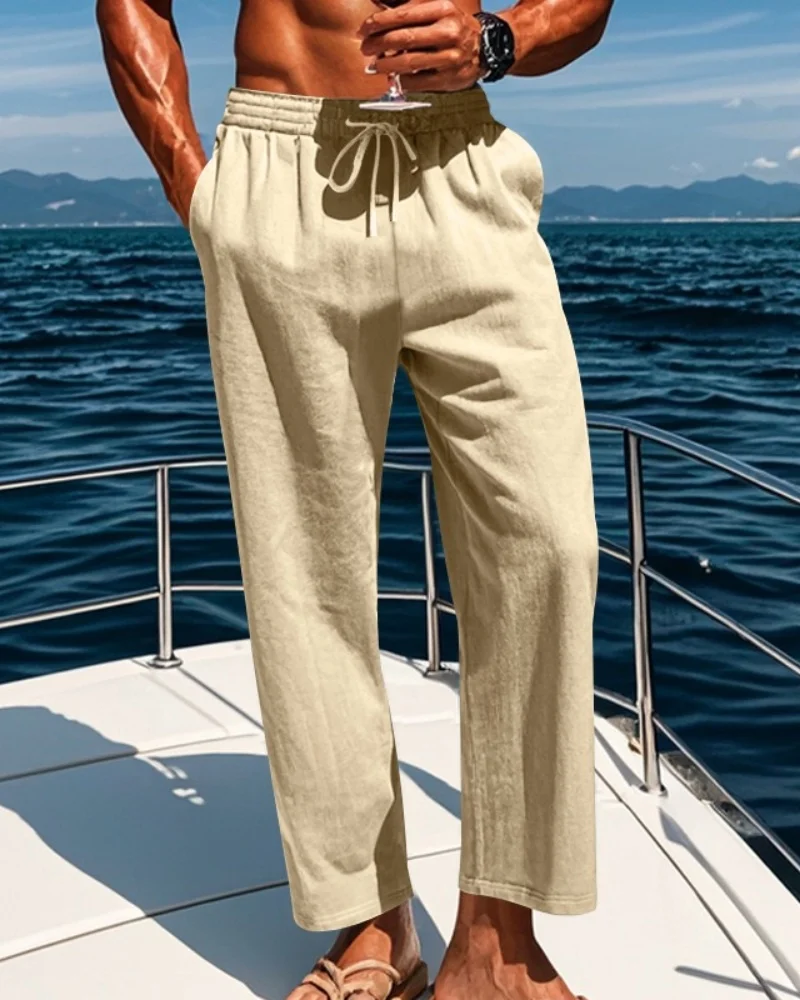 Summer Mens Cotton Linen Loose Pants Drawstring Elastic Waist Wide Leg Casual Beach Trousers With Side Pockets