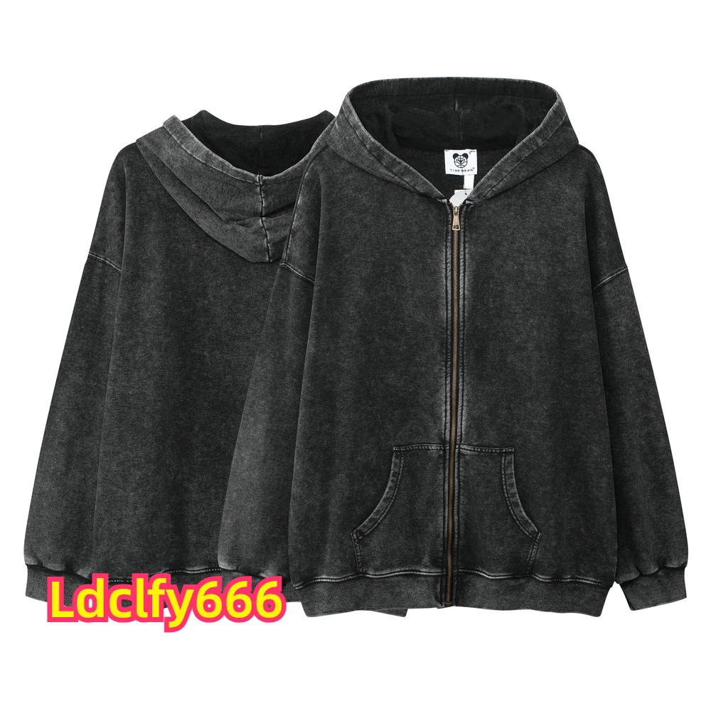 

Black Terry Cloth Zipper Hoodie Men Women Vintage Casual Washed Do Old Heavyweight Sweatshirts Hoody