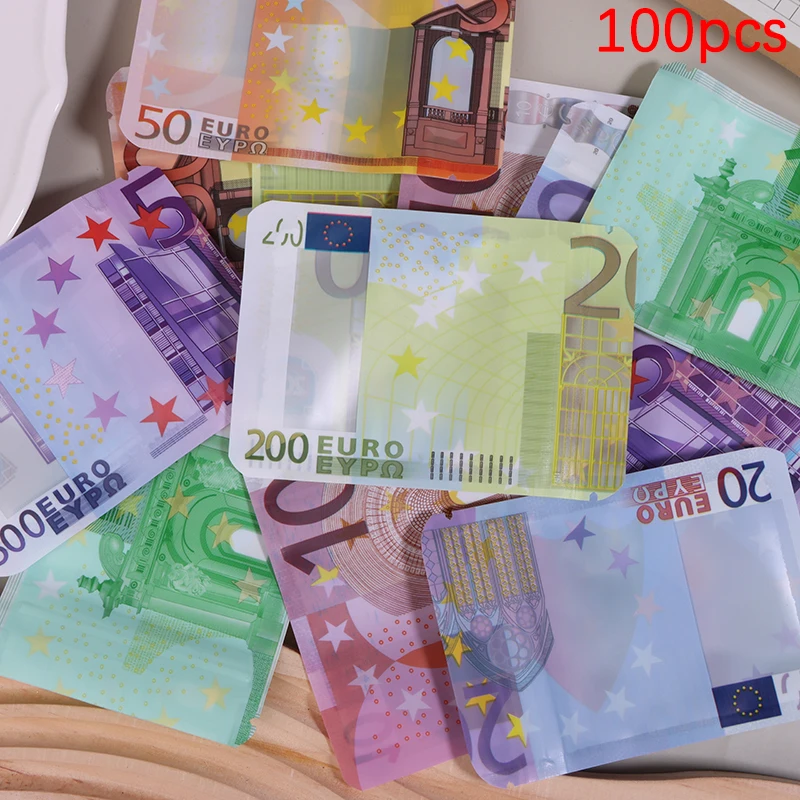 

100Pcs 10€ 20€ 50€ 100€ 200€ 500€ Bills Paper Zip Lock Bag With Clear Window 1-3.5G Mylar Small Bag EURO Design Small Pouches