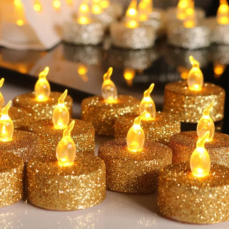 12/3Pcs Gold Powder Candles LED Flash Candles Lights Flameless Glitter Tealight Candles for Birthday Party Wedding Decorations