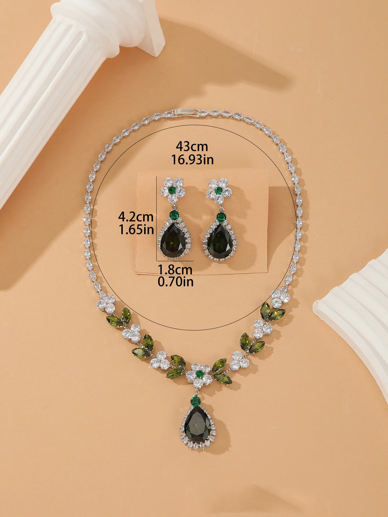Women Pink Flower Drop Gemstone Necklace 18K Gold Plated Zircon Earrings Set