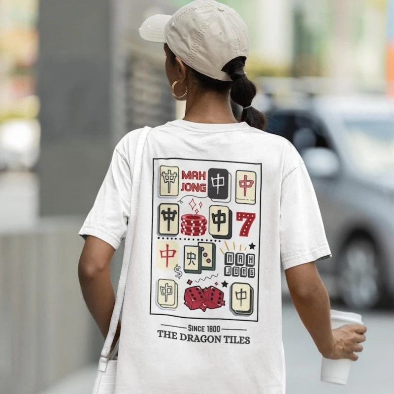 Mahjong Dragon Tiles Crewneck Unisex T-shirt Mahjong Lover Gift Printed T-shirt Tops High Quality Cotton Regular Short Sleeve