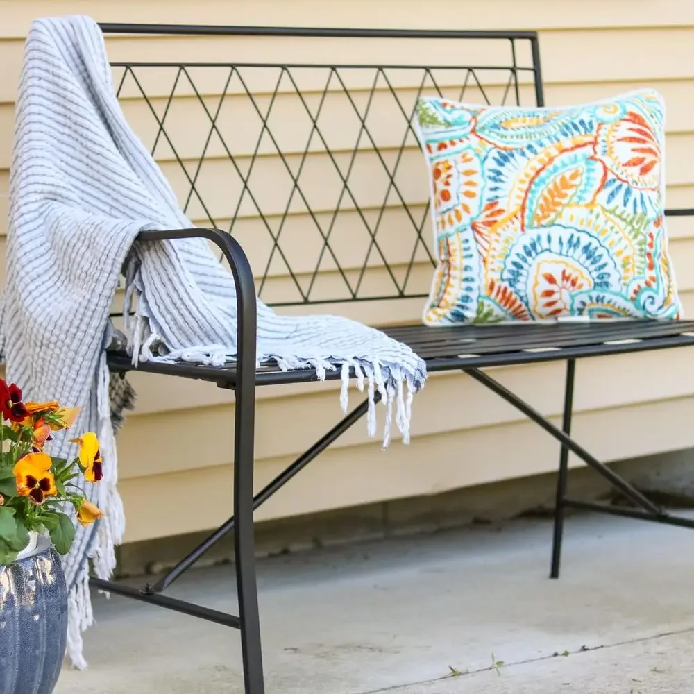 Black Diamond Patterned Iron Garden Bench for Two, 42.25 Wide