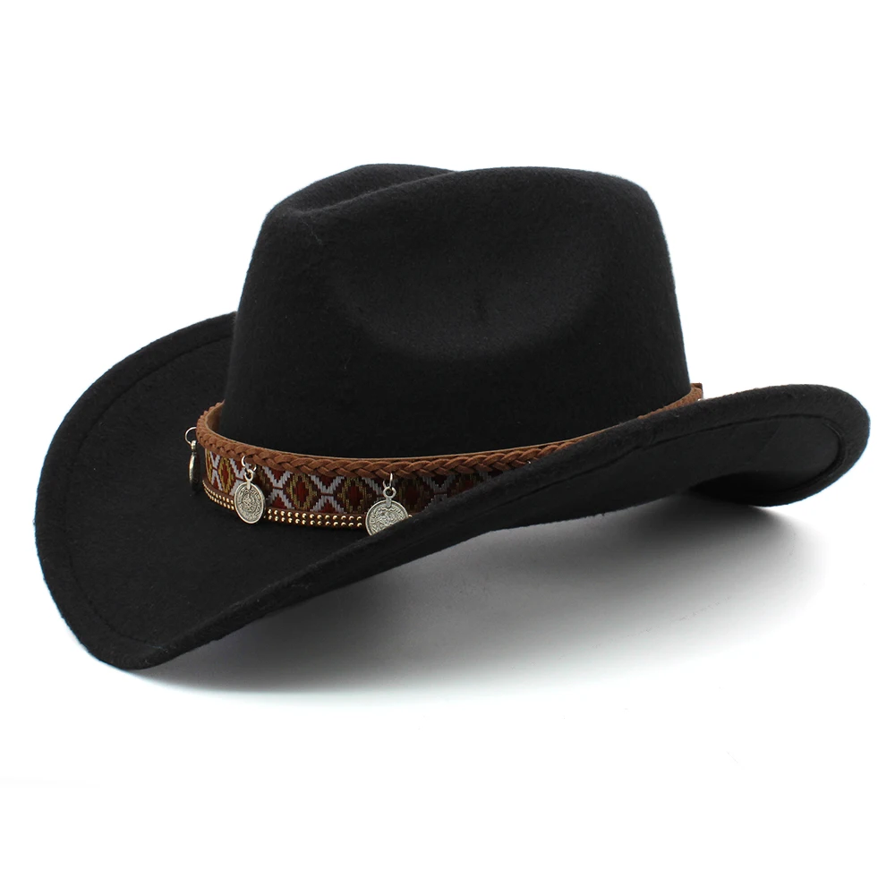 Retro Women Men /Kid Child Wool Wide Brim Cowboy Western Hat Cowgirl Bowler Cap Totems Pattern Leather Band (54-57-61cm)