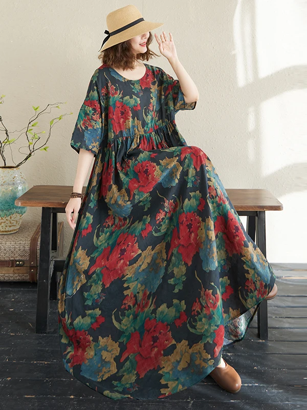 Summer New plus Size ort Sve round Ne Print Long Dr Faionable Simple Cross-Border Women's Dr Cotton Viscose Blend