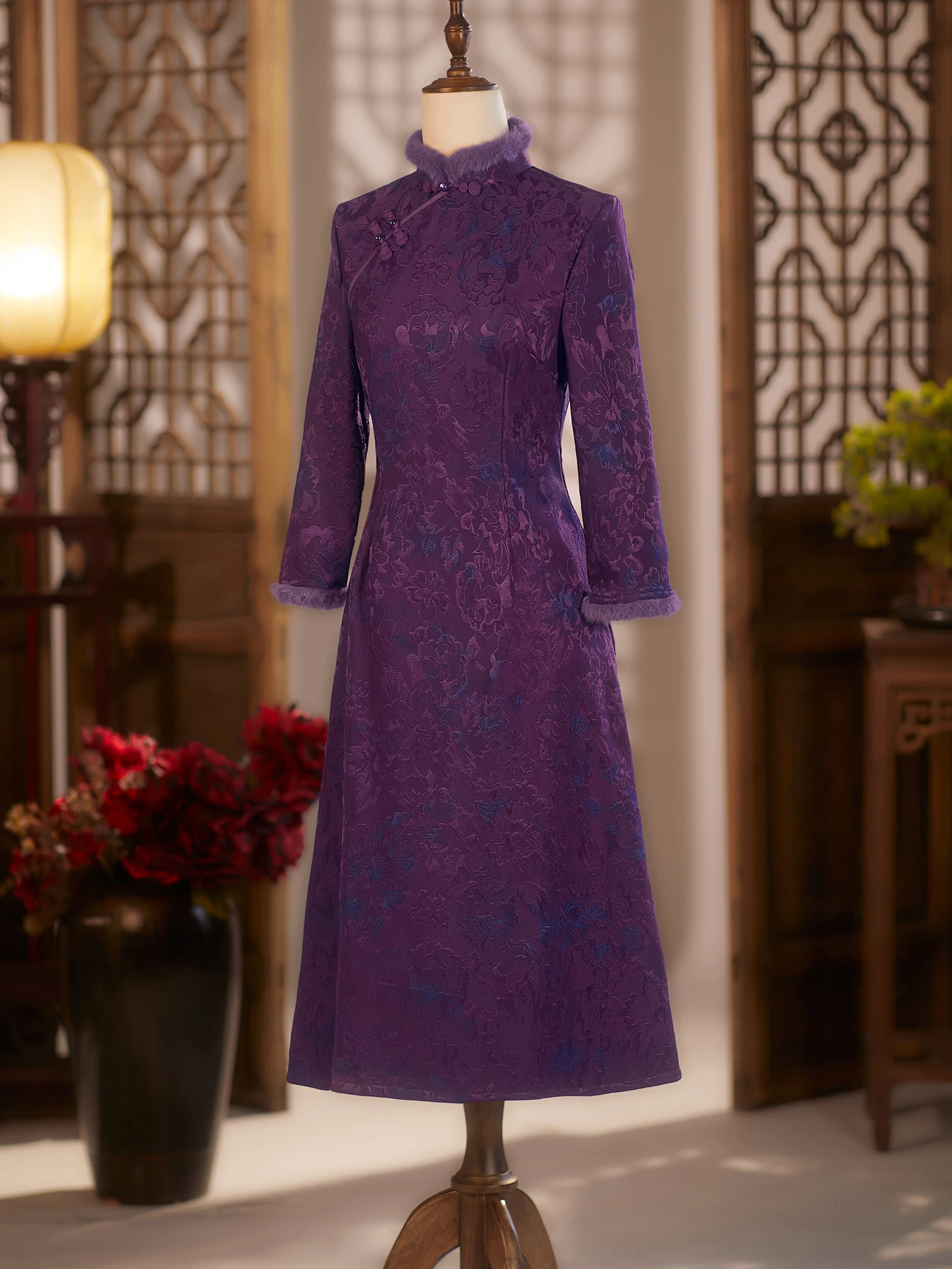 

Purple Wedding Dr A-Line Thiened Materni Winter Gown Vintage Sle Long Sve Mid-Length Polyester Fiber