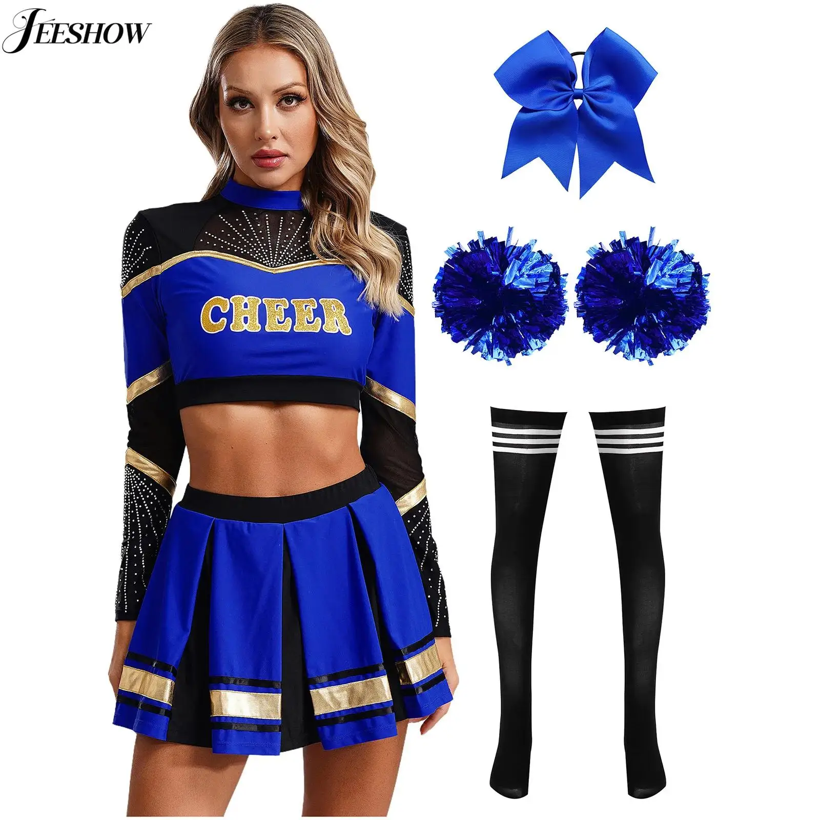 

Womens Cheerleading Costume Contrast Color Long Sleeve Crop Top with Pleated Mini Skirt and Hair Tie Pom Poms and Stockings