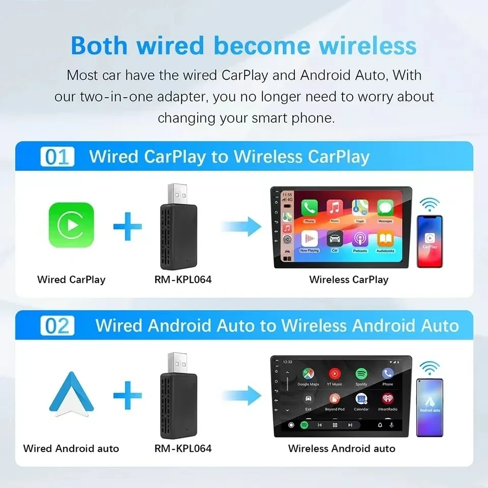 Mini 2in1 Wired to Wireless CarPlay Android Auto Adapter for OEM Car Stereo With USB Plug and Play Car Ai Box Apple CarPlay