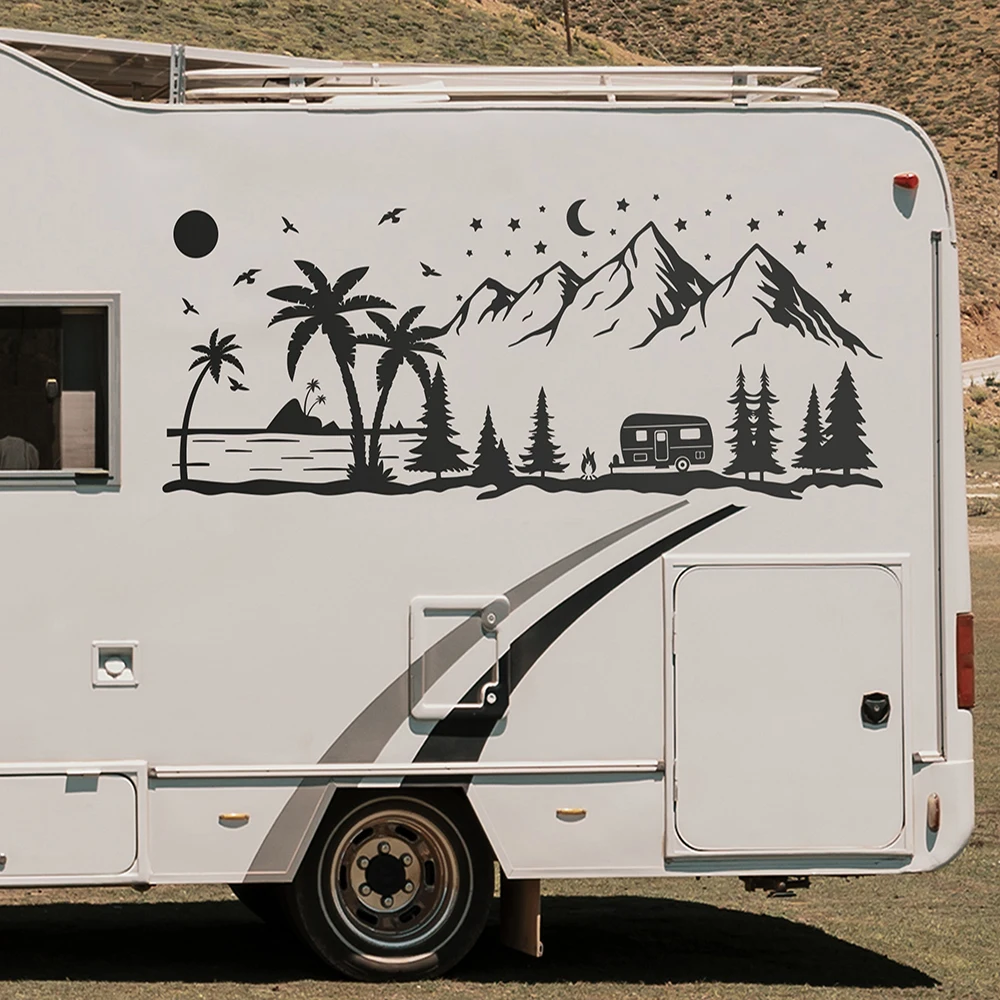Large Strand En Bergen Tree Mountain Camper Rv Car Sticker Decal Travel Camping Adventure Motorhome Caravan Decor