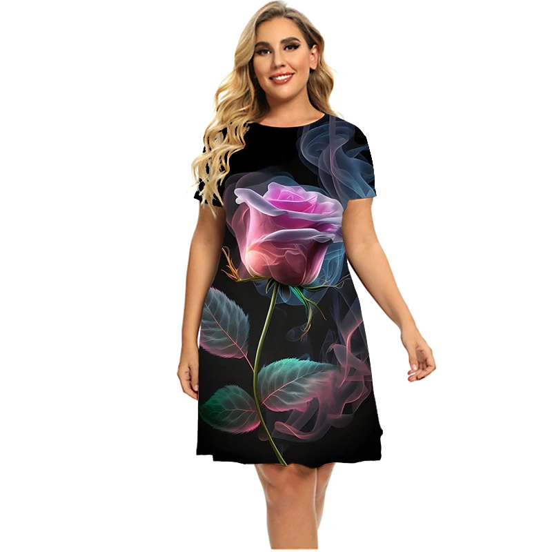 New Women Flame Red Rose Flower Dresses For 2023 Summer Pattern 3D Print Clothing Fashion Short Sleeve Loose Plus Size Dress 6XL