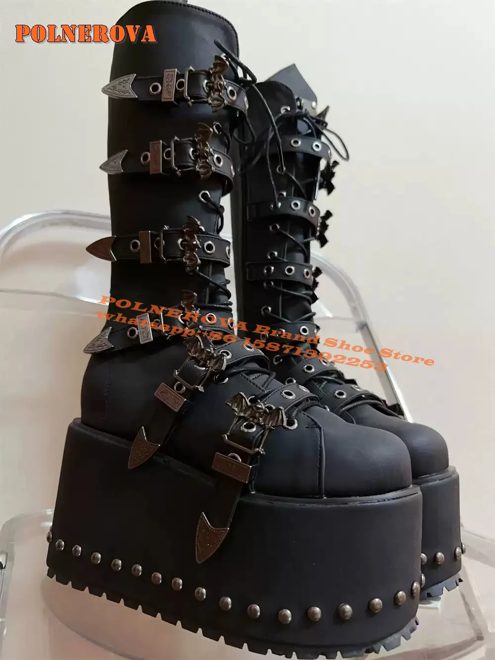 

Rivet Platform Belt Buckle Punk Boots Round Toe Height Increasing Lace Up Cool Dark Subculture Style Motorcycle Boots 2024 Trend