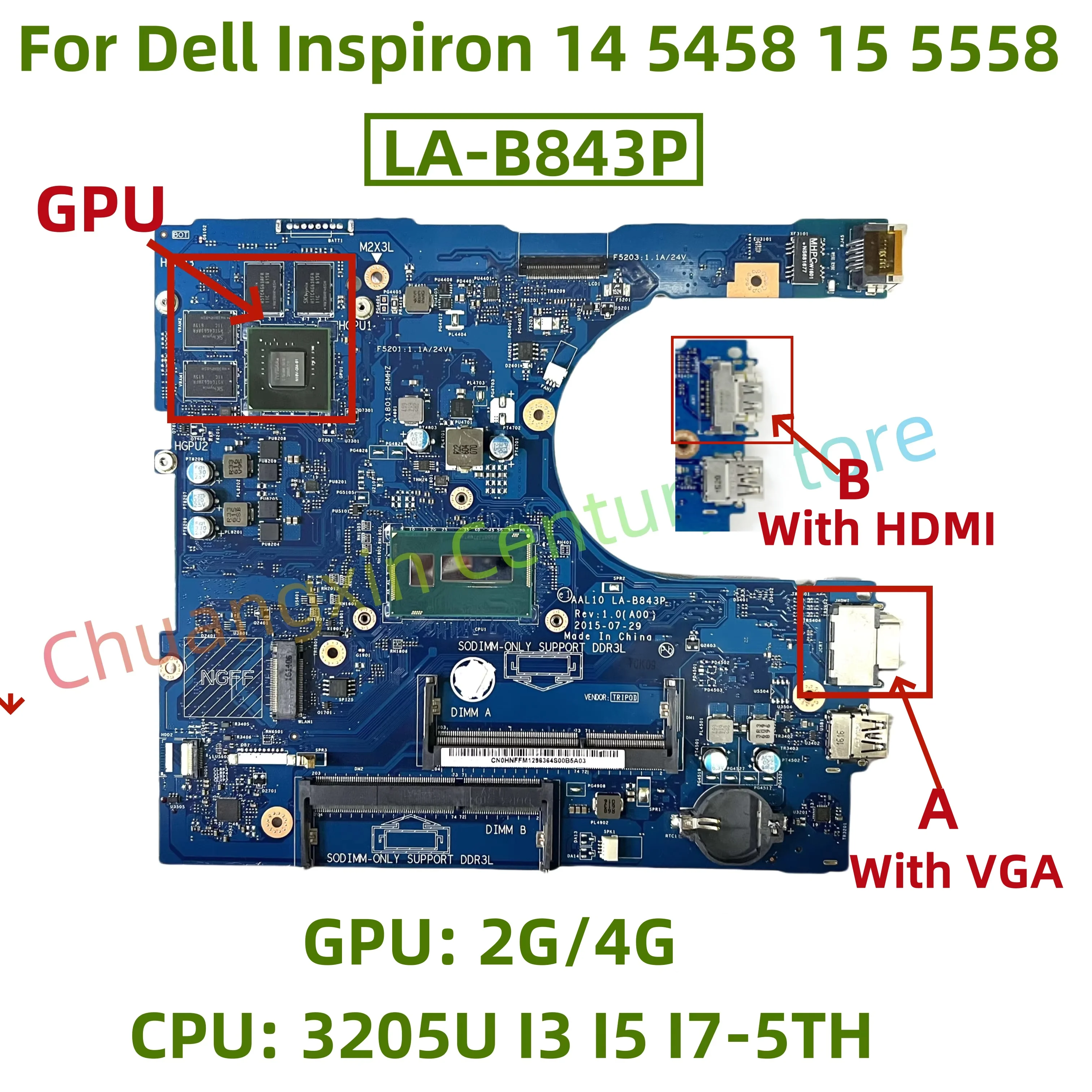 LA-B843P motherboard for Dell Inspiron 14 5458 15 5558 17 5758 Laptop CPU: 3205U I3 I5 I7-5TH GPU: 2G/4G 100% test OK shipping