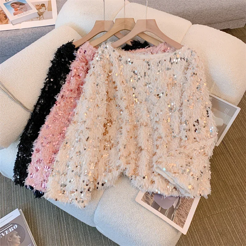 

Autumn Winter 2024 New Niche Design Knit Bottom Top Fashion Sequin Feather Sweater Black Pink Pullover Pull Femme Clothes ZT264