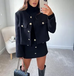 Bléiser de Tweed para mujer, chaqueta de oficina de un solo pecho, informal, ajustada, corta, color negro