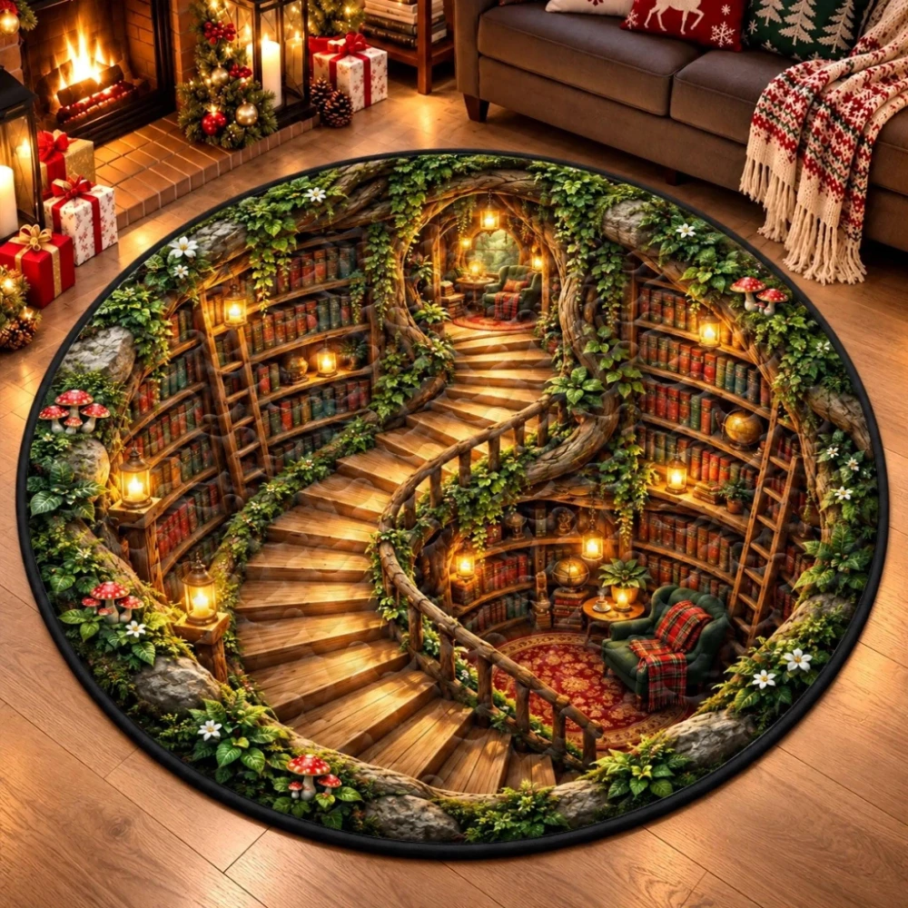 Secret Library Tree 3D Circle Rug Bedroom Kitchen Coffee Table Home Decor Entrance Hallway Sofa Side Area Floor Doormat Rug