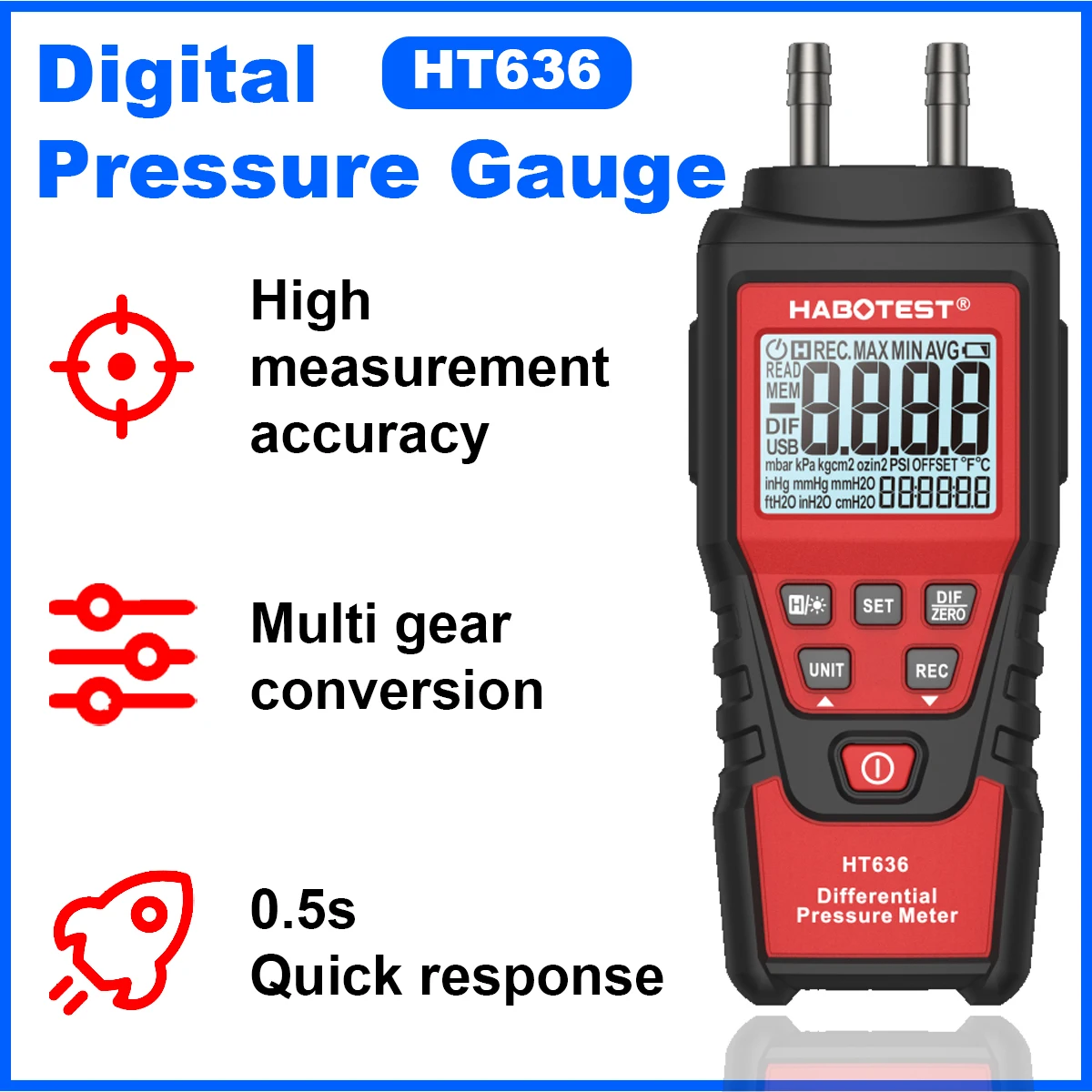 Digital Manometer Pressure Gauge ±0.3% FS High Precision Surface Pressure Difference Measurement Gauge Air Pressure Meter HT636