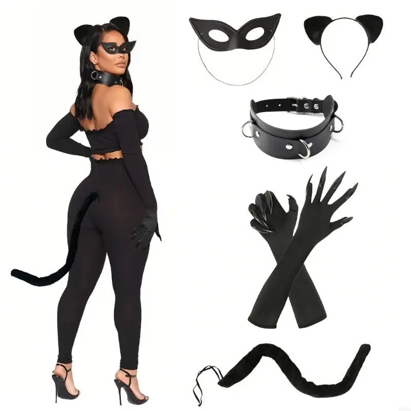 3/5 Halloween Cats Costume for Women Cats Woman Costume Cats Mask Ears and Tail 6XDA