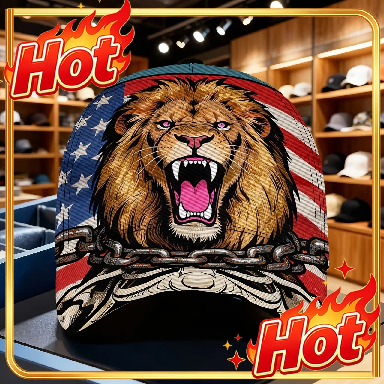 Custom American Flag Lion Chain Cap A Bold Street Cap Featuring A Roaring Lion At Its Center, Framed By The American Flag