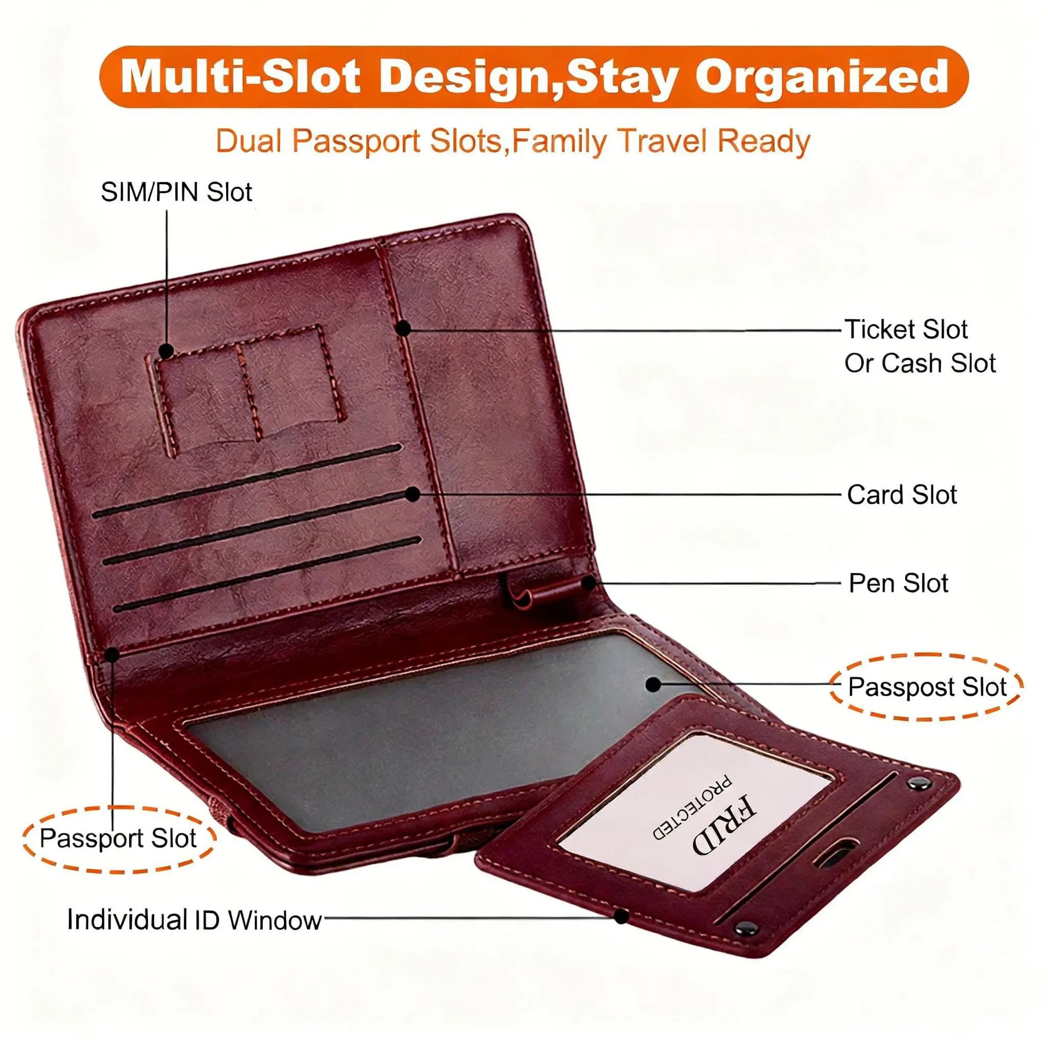 Herren Damen Leder Reisepasshülle RFID-Blockierung Reisebrieftasche Reisepassetui mit Stifthalter Dual-SIM-Kartenfächer – Detail 14