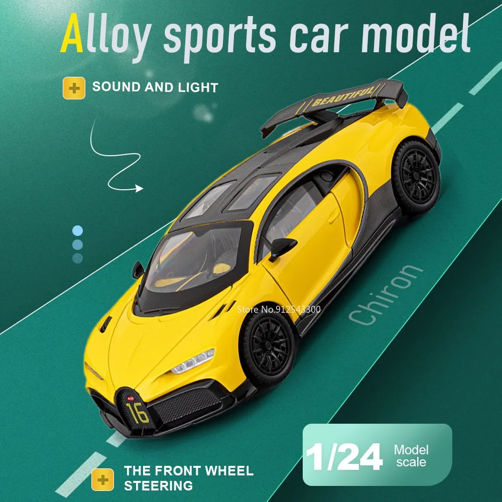 

1:24 Scale Chiron Tourbillon Car Model Toy Doors Opened Sound Light Cars Pull Back Front Wheel Steer Vehicle Bedroom Decarations