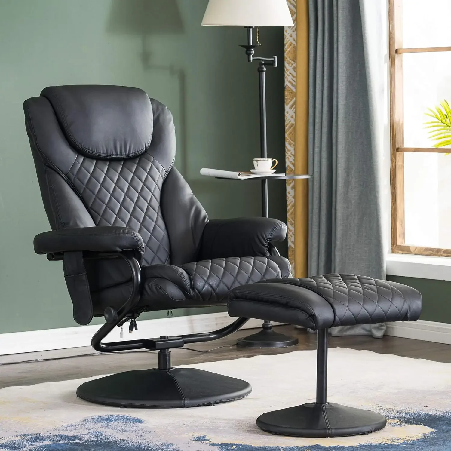 Recliner with Ottoman, Reclining Chair with Massage, 360 Swivel Living Room Chair Faux Leather, 4901 (Black)