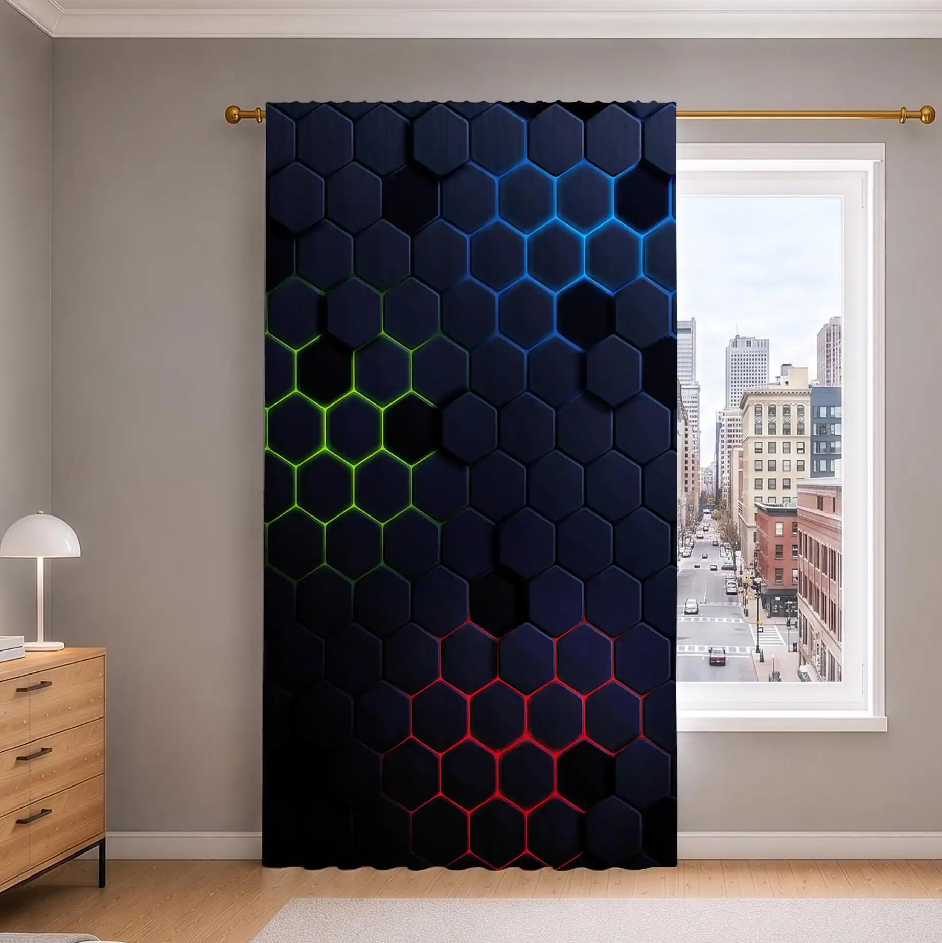 Modern Hexagon Pattern Curtains for Living Room Bedroom Window Black Blue Green Home Decor Drapes