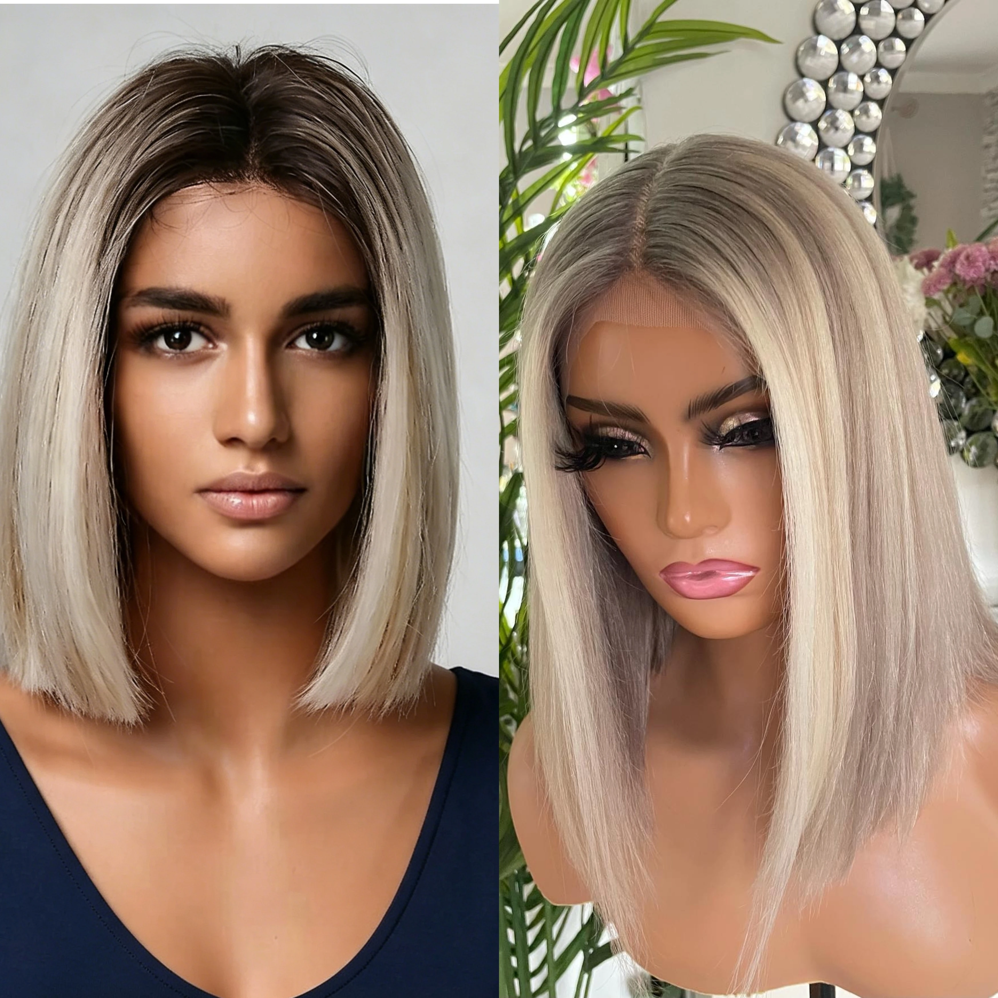 

Ash Blonde Ombre 13*4HD Lace Front Bob Wig 12Inch PrePlucked Hairline Silky Short Straight Synthetic Glueless Soft For Women Use