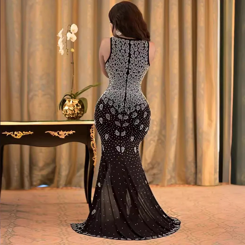 Ladies Black Diamond Birthday Party Ball Mesh Split Dress Long Luxury Transparent Nightclub Wedding Evening Sexy Tight Dress