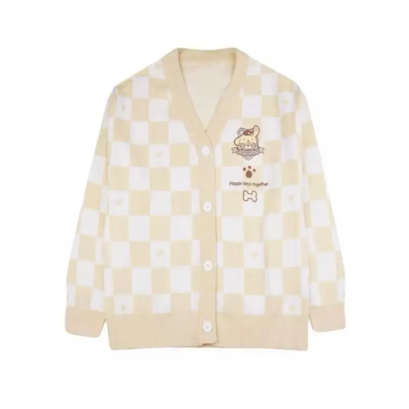 Kawaii Sanrio Pompom Purin Plaid Coat Cute My Melody Kuromi Cinnamoroll Autumn Winter Student Sweater Casual Jacket Sweater Gift