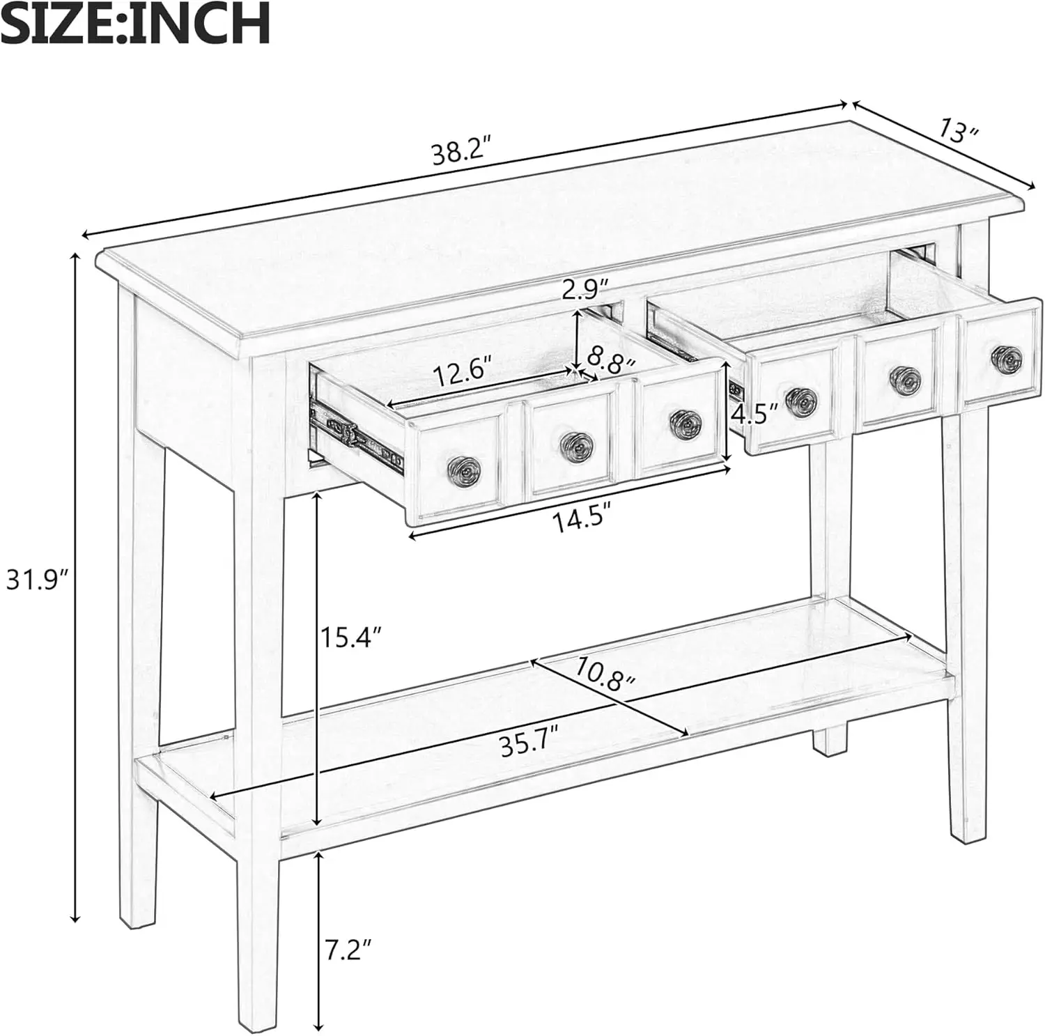 Rustic Console Table with Open Shelf Rubber Wood Legs Spacious Storage Ideal for Entryway Living Room Hallway(38.2