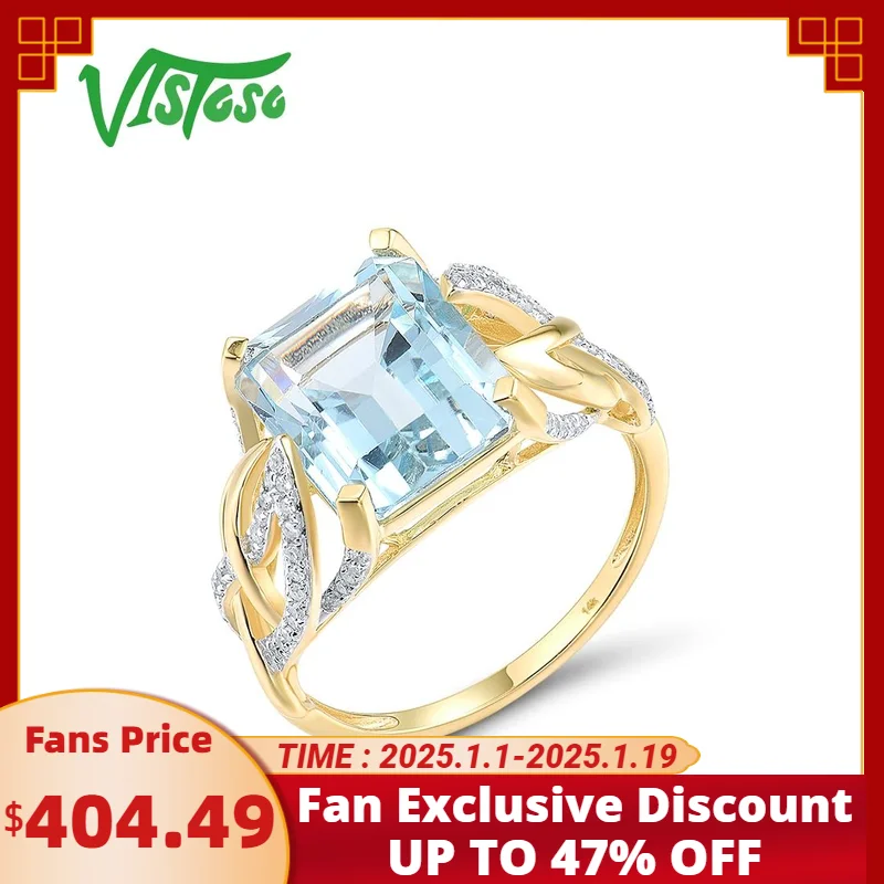 VISTOSO Authentic 14K 585 Yellow Gold Ring For Women Sparkling Sky Blue Topaz Diamond Rectangle Wedding Anniversary Fine Jewelry