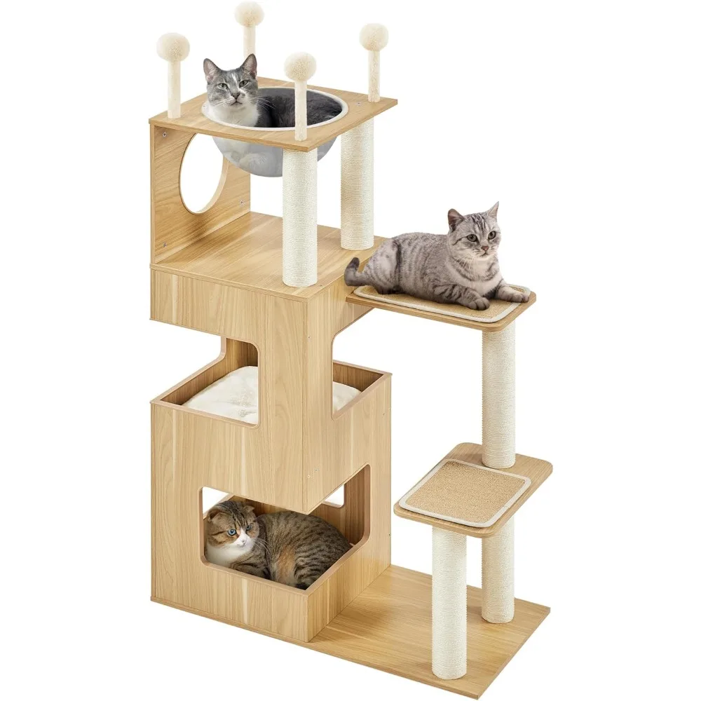 

Yaheetech Wooden Cat Tree, 53in Modern Cat Tower for Indoor Cats with Scratching Posts Washable Detachable Cushion, Clear Bowl &