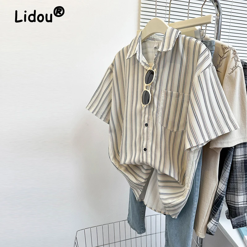 

Women Japanese Style Vintage Classic Striped Button Up Shirt Casual Street Simple Blouse Short Sleeve Loose Tops Blusas De Mujer