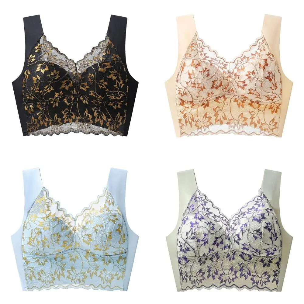 Mesh Flower Draadloze diepe V-bh Nauwsluitend schokbestendig push-up ondergoed Anti-verslapping Grote maat beha voor hardlopen voor dames