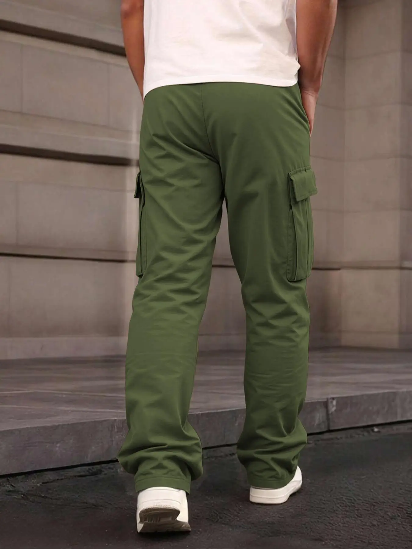 Einfarbige Cargohose für Herren mit Pattentasche, Kordelzug am Bund, reguläre Passform, lässige Hose mit geradem Bein für den Alltag – Detail 13