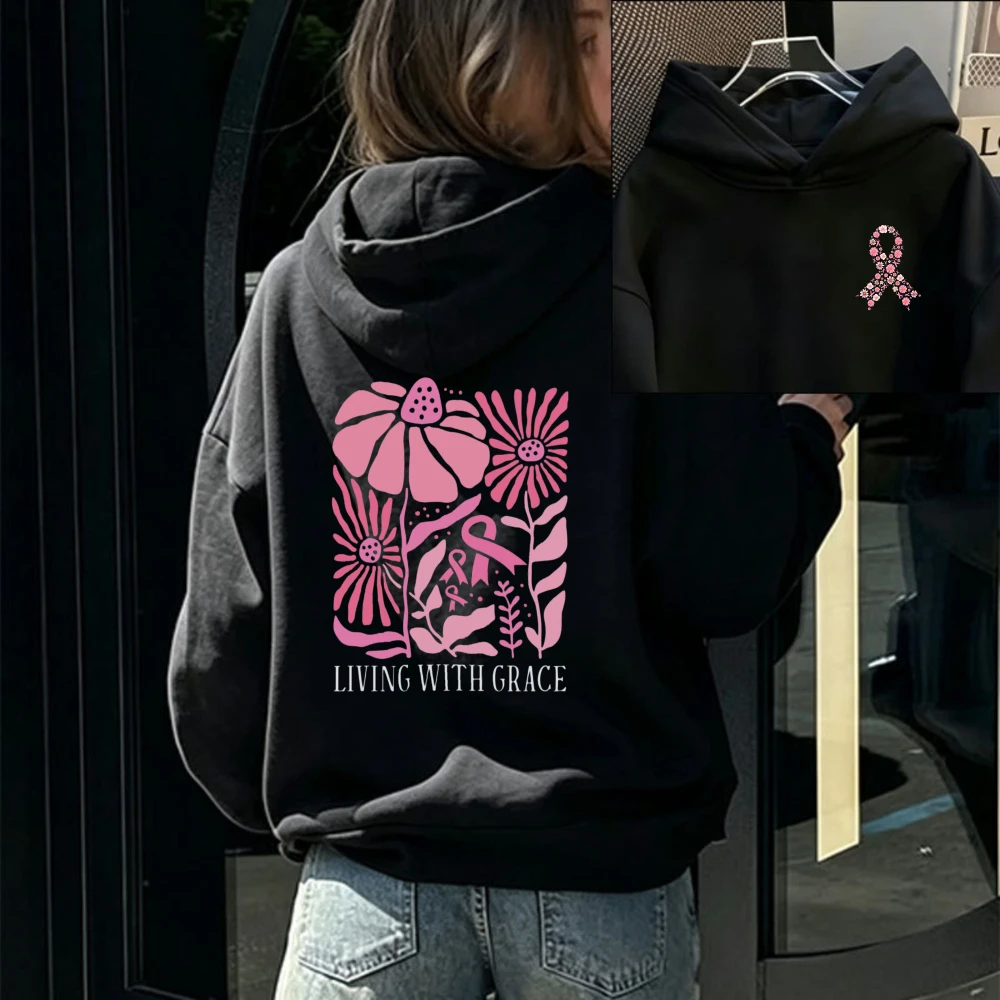 Women Living with Pink Floral Pink Ribbon Hoodie Oversized Casual Pullover Hooded Sweatshirt Breast Cancer Awareness Support Top