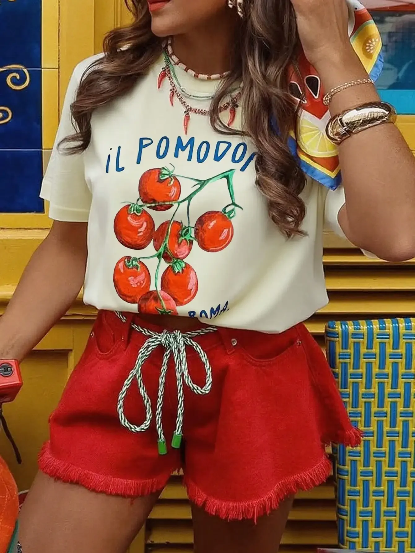 

Cute Tomato Print Women's Tshirt Casual Round Neck Short Sleeve Graphic Tops Aesthetic Fruit Shirt Fashion Female Clothing