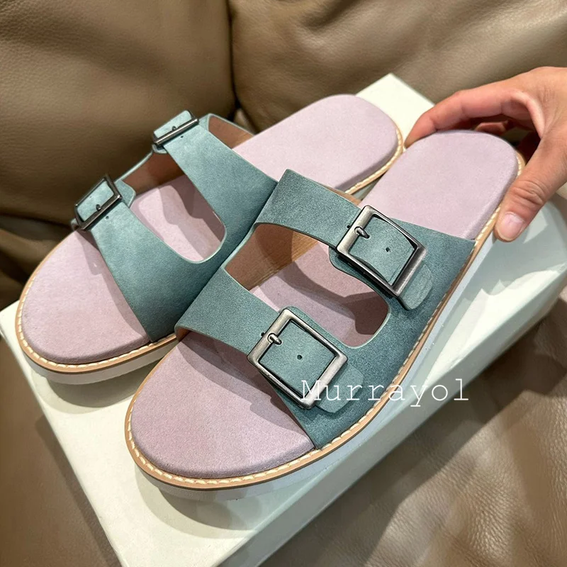 New Cow Suede Solid Color Thick Bottom Slippers Man Open Toe Belt Buckle Decor Slippers  Summer Outdoor Vacation Beach Shoes