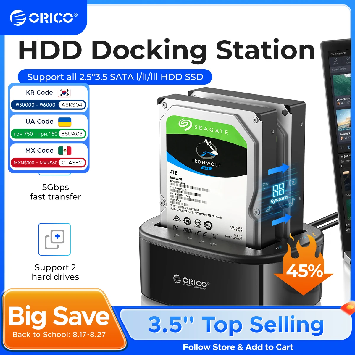 ORICO-Estação de ancoragem do disco rígido Dual-Bay, HDD, SSD, SATA para USB 3.0, 12V, Adaptador de alimentação 3A, 2.5 pol, 3.5 pol