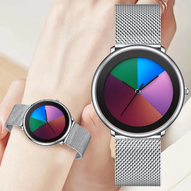 

LIGE 2026 Watch women Unique Fashion Ladies Watch Casual Colorful Changing Dial Simple Special women's quartz wrist watch+BOX