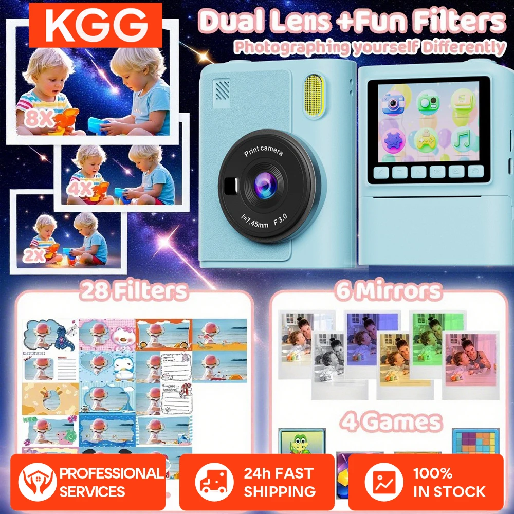 

Детская камера с цветной печатью, мгновенная печать с забавными фильтрами, зеркальные эффекты и раскраски, маркеры для искусства «сделай сам», на день рождения, Рождество