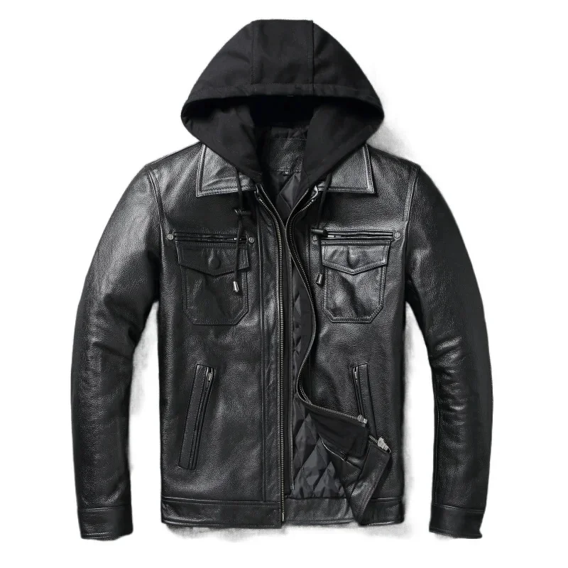 Removable Hooded Jacket Men Genuine Cowhide Leather Slim Biker Clothing Mens Coat Winter Veste Cuire Homme