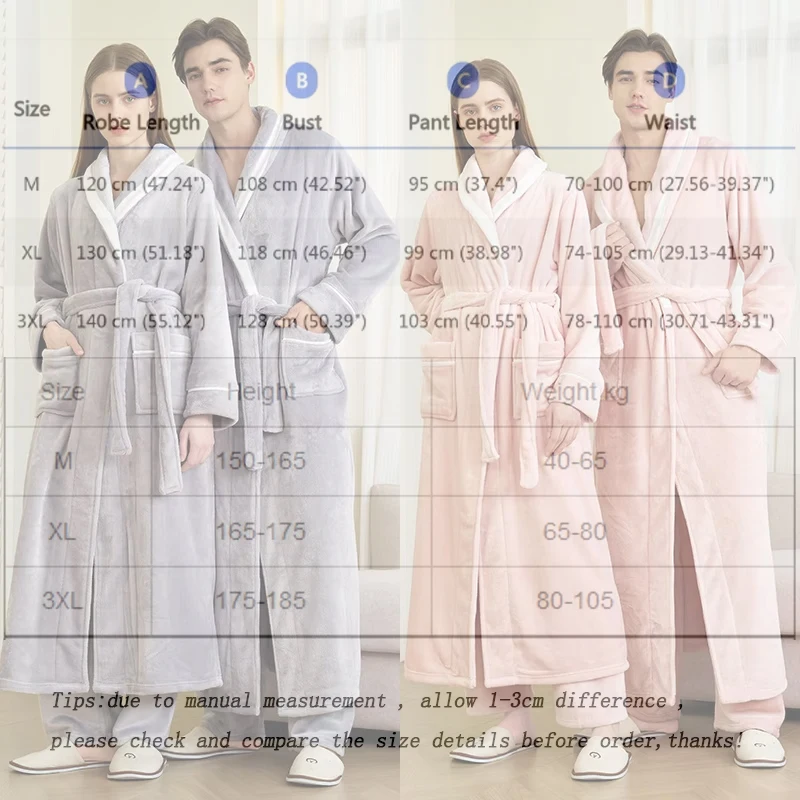 

2PCS Long Robe Pajamas Set Couple Winter Flannel Sleepwear Women Thicken Coral Fleece Pijama Men Loose Bathrobe Home Clothes