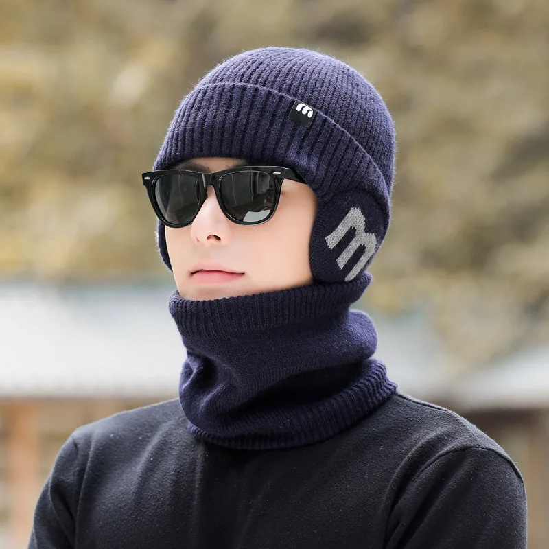 في الهواء الطلق الشتاء الرجال محبوك قبعة سنود 2 قطعة/المجموعة أفخم الدافئة بلغت ذروتها قبعة غطاء للأذنين عادية Cysling ركوب عالية الجودة نموذج قبعة الرجال