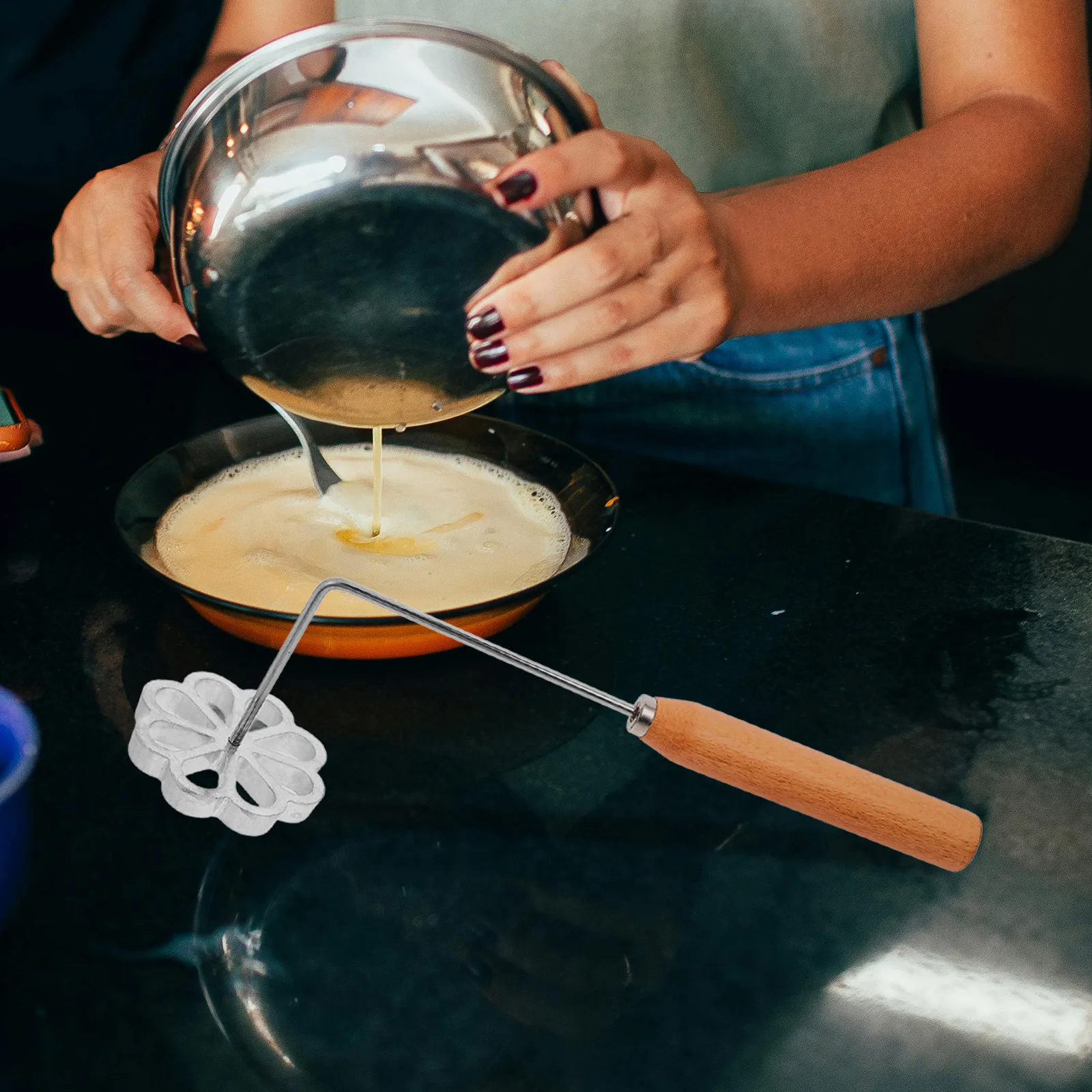 

1 Set Oil Fried Snacks Aluminum Alloy Frying Nonstick With Wooden Handle Heat Resistant Easy Cleaning Sturdy Kitchen Baking Pan