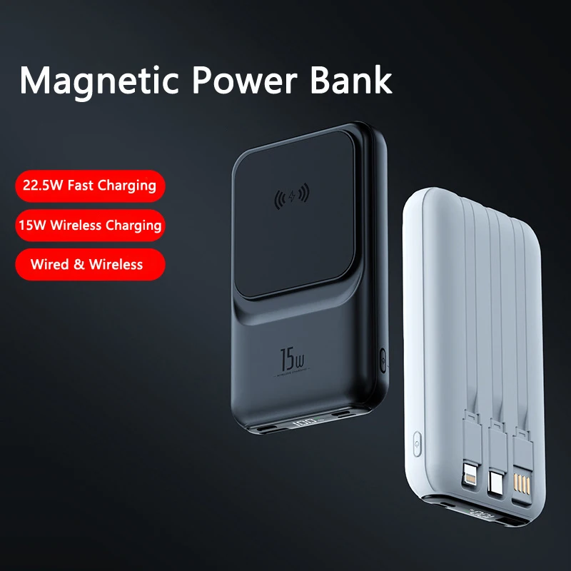20000mAh Magsafe Power Bank Magnetic Wireless Powerbank Built in Cable for iPhone 16 15 14 13 12 Mini Portable Induction Charger