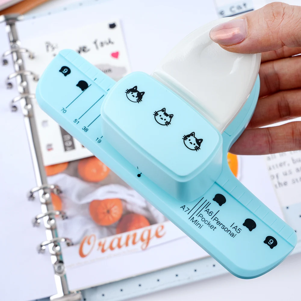 Punzonatrice a 3 fori a forma di testa di gatto con guida di allineamento per carta A5 A6 A7 A8 Mini B5, ricariche per planner fai-da-te e formati per